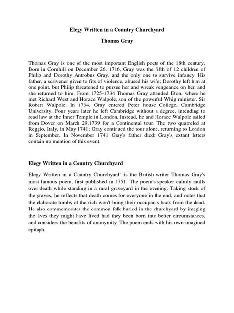 Elegy Written in a Country Churchyard Summary .